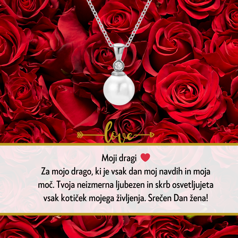 Personalizirana srebrna verižica z vgraviranim imenom in datumom, obdana z majhnimi kristali, kot idealno darilo za Dan žena. Elegantna darilna škatla na beli podlagi z rdečo vrtnico ob strani, simbolizira ljubezen in spoštovanje na poseben dan