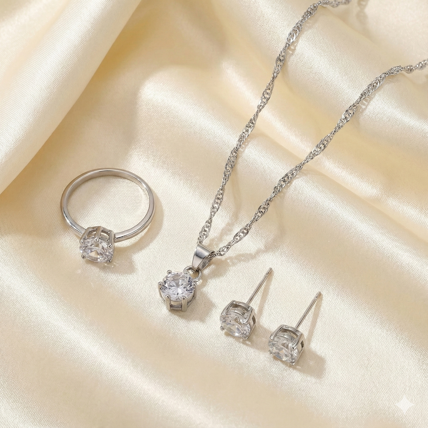 Prstan s kristalom, verižica in uhani, Golden Hearts Trio - Set Verižice, Uhanov in Prstana s Posvetilom iz Nerjavečega Jekla 316, za darilo, darilo za hčerko, darilo za ženo, komplet nakita.