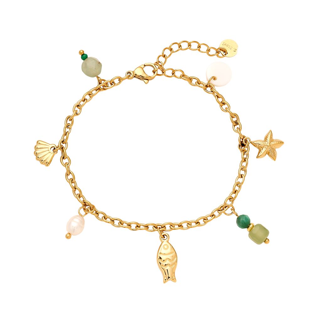 Zapestnica Sweet Sealife Charms 16 cm - zlata ribica morska zvezda školjka biseri turkizne jagode - kirurško jeklo 316L zlata pozlata