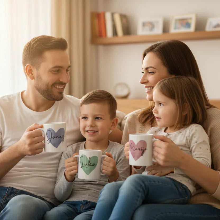 To je darilo, ki ustvarja spomine. Vsako jutro, ko družina sedi skupaj za zajtrkom, vsak s svojo personalizirano skodelico, se ustvarjajo trenutki, ki ostanejo za vedno.
Personalizacija: Pri naročilu nam sporočite imena, ki jih želite na skodelicah, in izbrane barve srčkov.