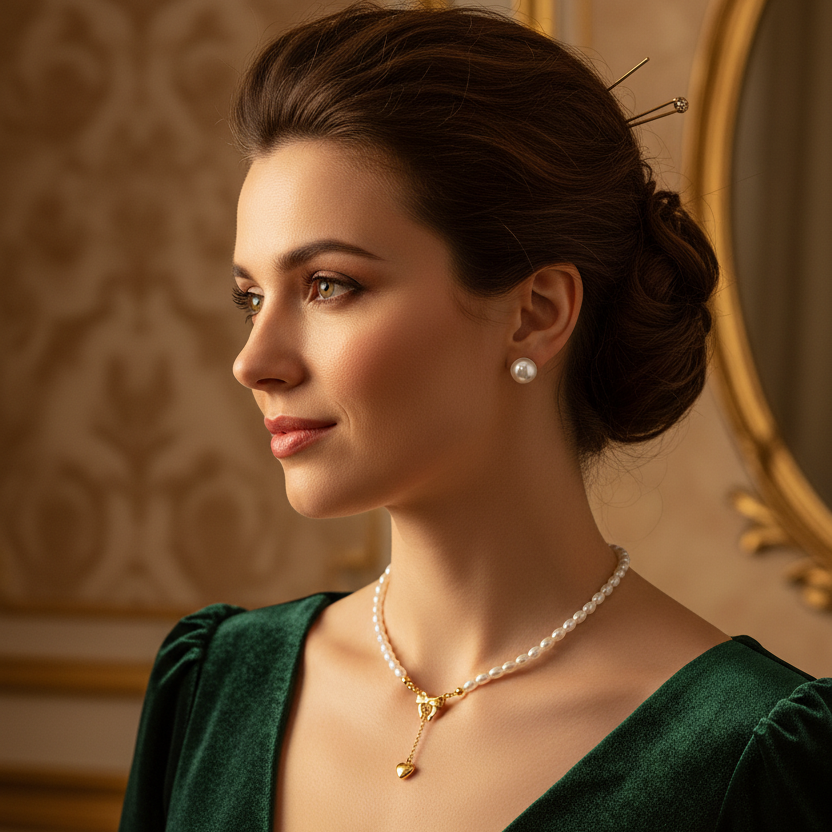 ALT Tekst (Alt Tag): "Elegantna ženska nosi set nakita iz belih biserov, ki vključuje ogrlico z zlatim obeskom pentlje in srčka ter ujemajoče se biserne uhane. Prikaz videza nakita na osebi, ki služi kot odlična ideja za darilo za valentinovo ali dan žena.