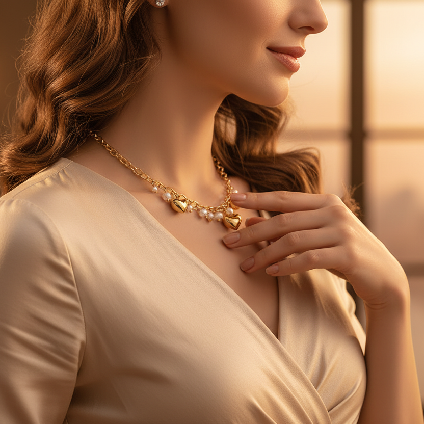 Ženska se dotika ogrlice v zlati uri