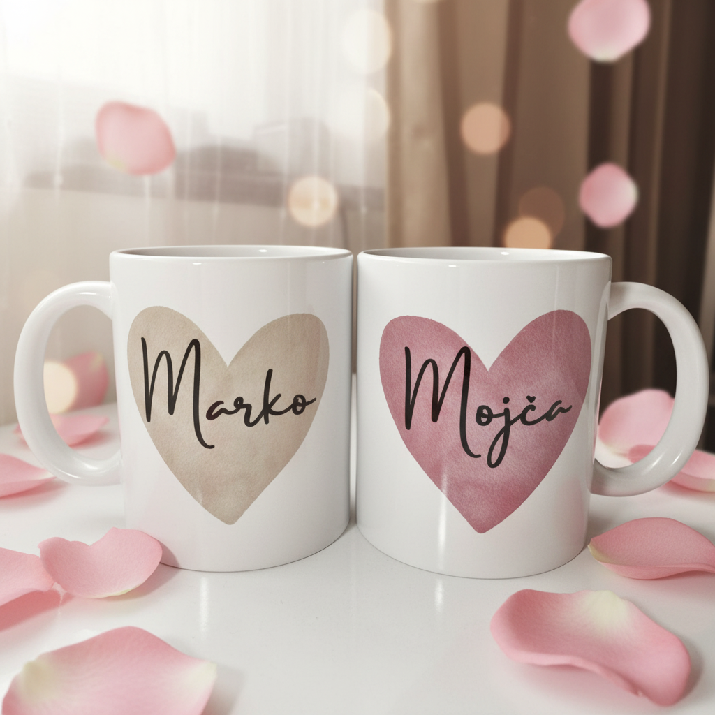 Personalizirani set skodelic za pare z imenoma Marko in Mojca - valentinovo darilo z akvarelnimi srci