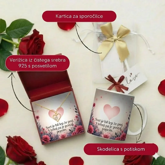 Darilo za ženo ali punco set srebrna verižica in skodelica s posvetilom