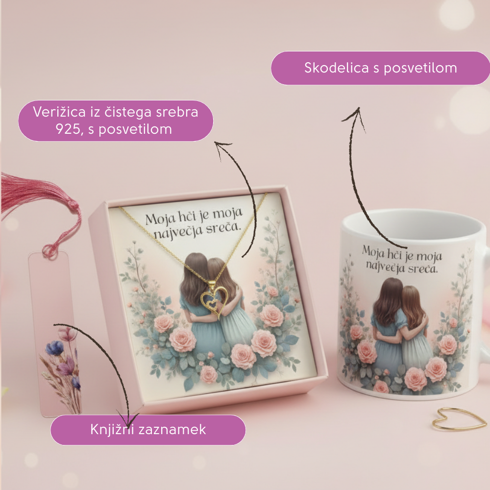 Darilni set za hčerko - verižica iz čistega srebra + posvetilna kartica na stojalcu + knjižno kazalo