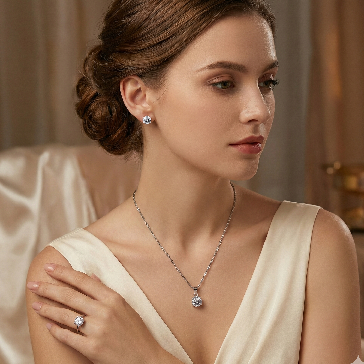 Golden Hearts Trio - Set Verižice, Uhanov in Prstana s Posvetilom iz Nerjavečega Jekla 316 "Luksuzna predstavitev darilnega seta nakita, primernega za valentinovo ali dan žena. Zlata verižica in uhani z belimi biseri počivajo na mehki nude svili."

Meta Opis (za stran izdelka): "Najlepše darilo zanjo za Valentinovo ali Dan žena. Podarite ta prefinjen set zlate verižice in bisernih uhanov, ki izžareva ljubezen in eleganco. Naročite danes!" (158 znakov)