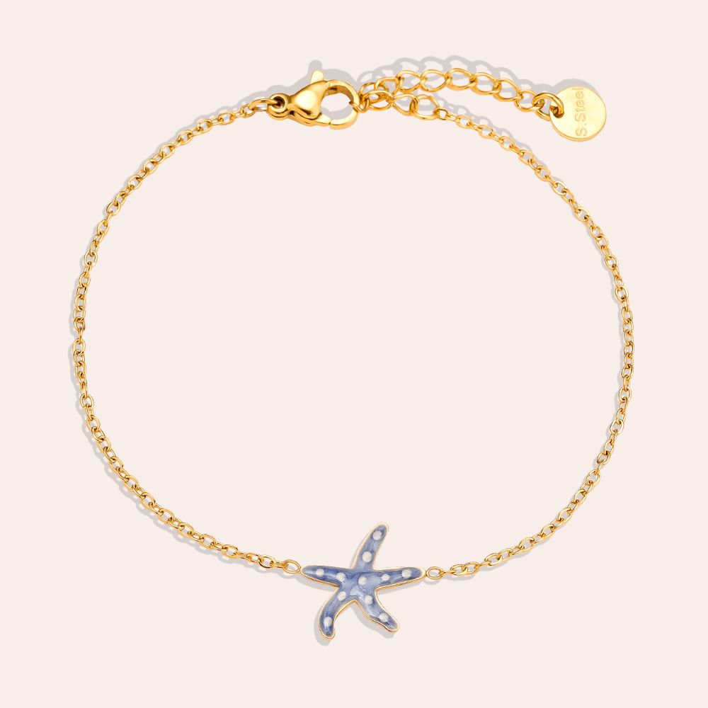 Zapestnica Blue Sea Star 17 cm - modra emajlirana morska zvezda z belimi pikami - kirurško jeklo 316L zlata pozlata