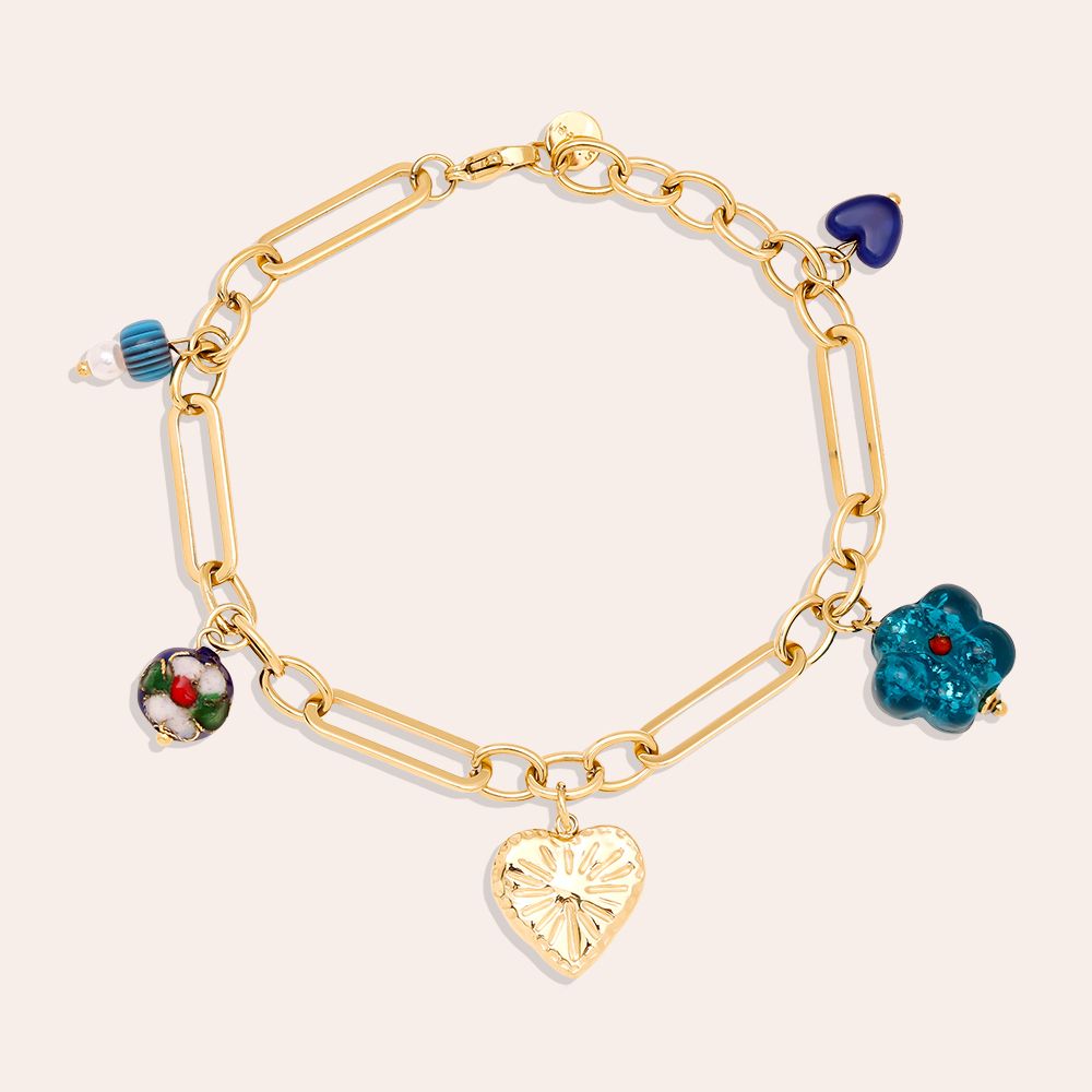 Zapestnica Blue Trend Charms 17 cm - modro srce cloisonné cvetje modra roža zlato srce - kirurško jeklo 316L