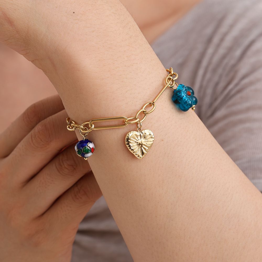 Zapestnica Blue Trend Charms na zapestju - modro stekleno srce cloisonné kroglica modra glazura roža