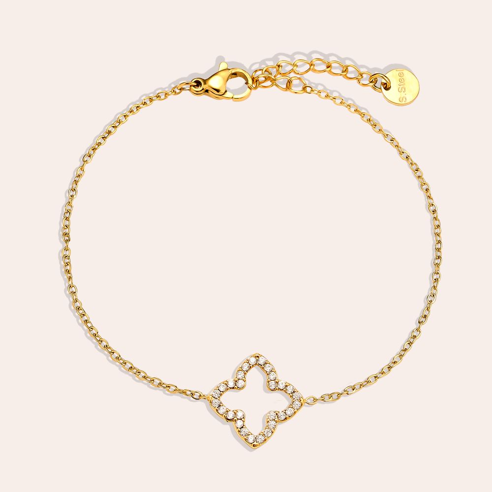 Zapestnica Classic Diamond Lucky Flower na zapestju - odprti štirilistični cvet beli cirkoni tanka zlata veriga - kirurško jeklo 316L zlata pozlata