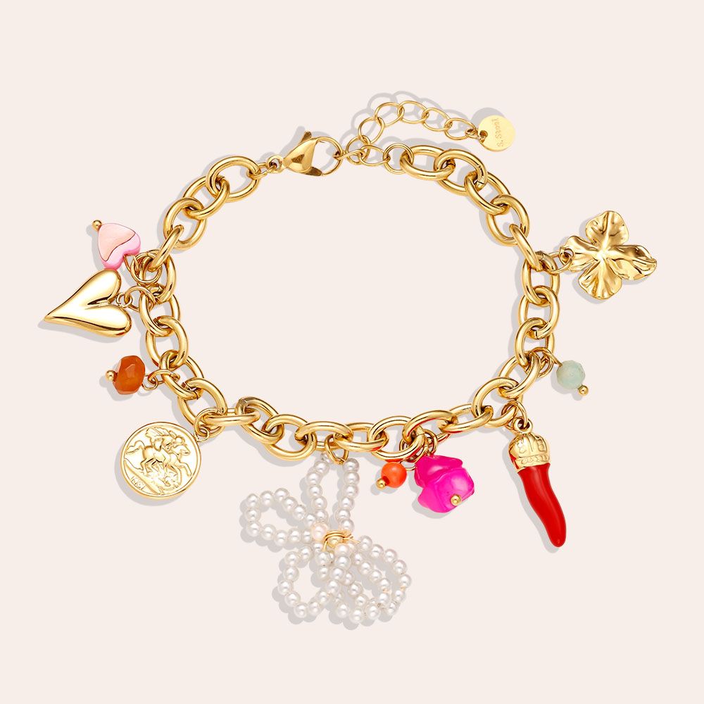 Zapestnica Many Nice Charms 17 cm - biserna mašnica zlato srce deteljica resin obeski - kirurško jeklo 316L