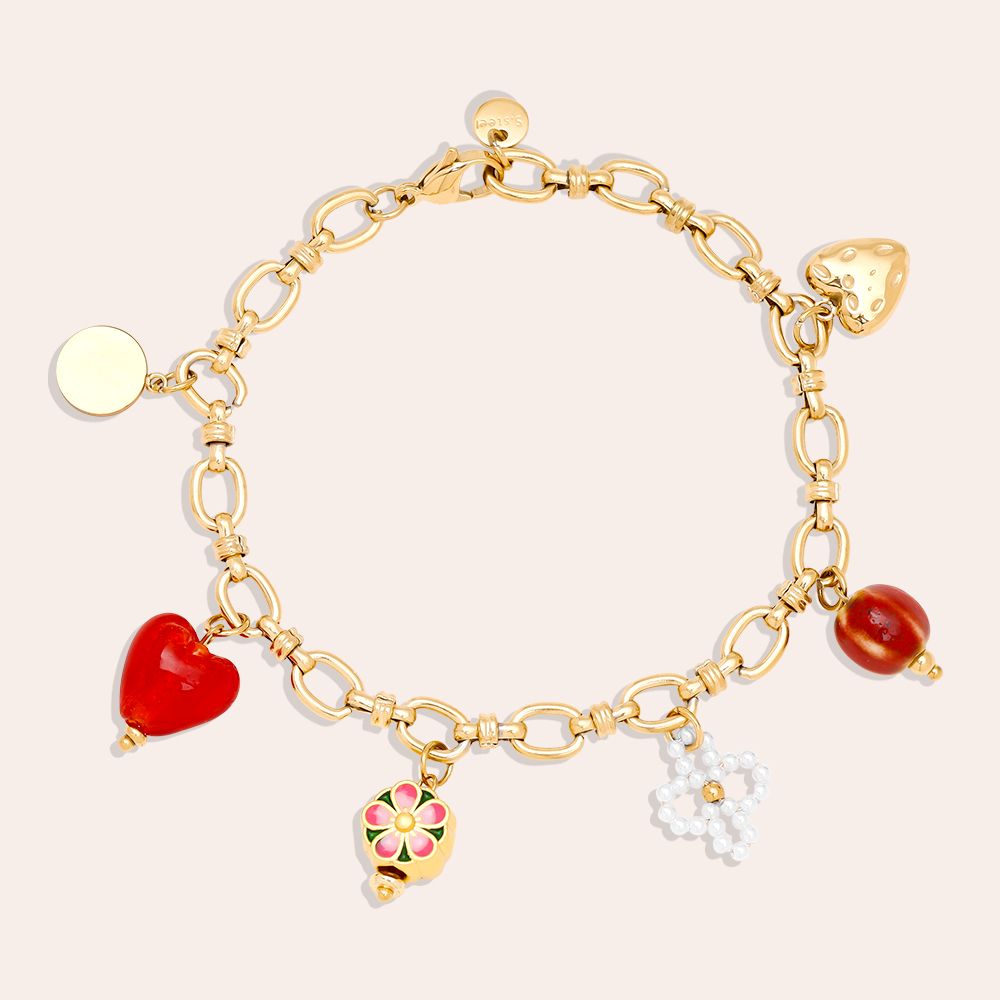 Zapestnica Red Trend Charms 17 cm - rdeče stekleno srce zlata cloisonné kroglica biserna deteljica - kirurško jeklo 316L