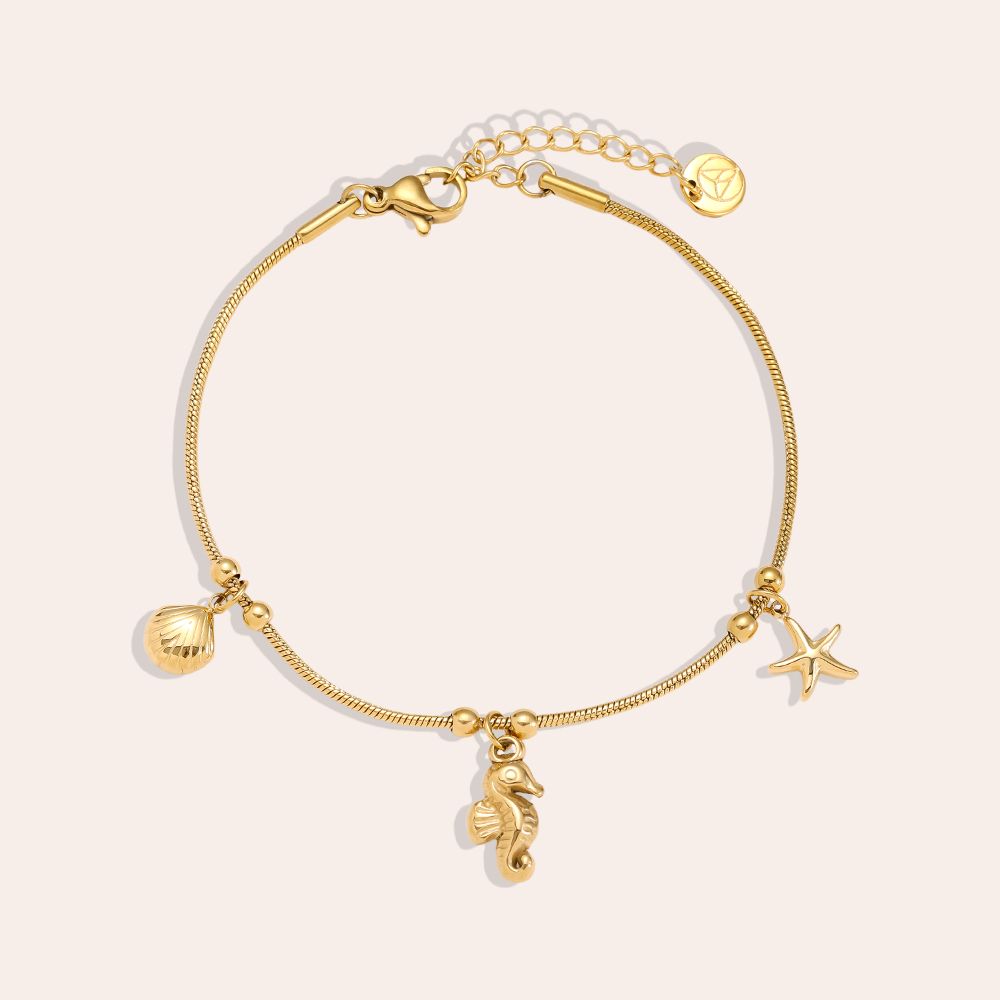 Zapestnica Seahorse Star 17 cm - zlata školjka morski konjiček morska zvezda zlate kroglice - kirurško jeklo 316L zlata pozlata