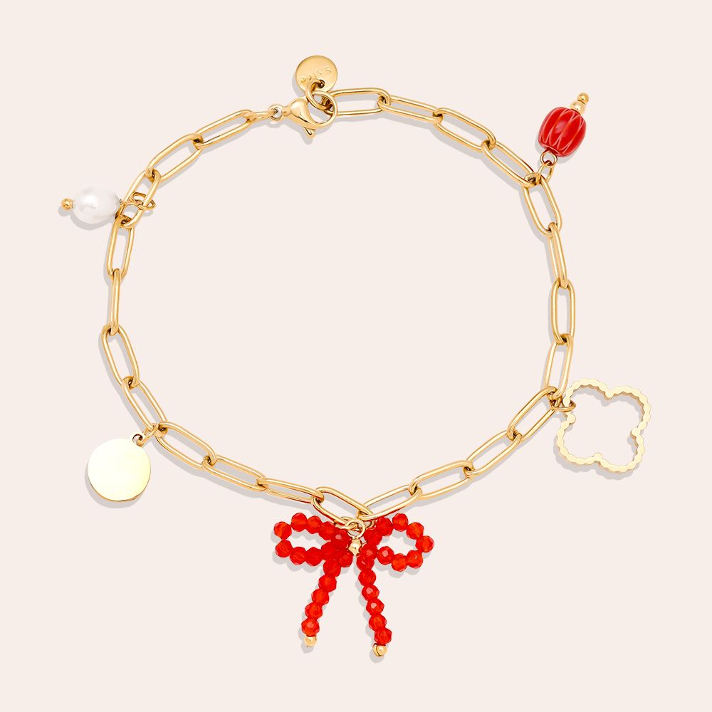 Zapestnica Sweet Various Charms 17 cm - rdeča kristalna mašnica zlata deteljica - kirurško jeklo 316L