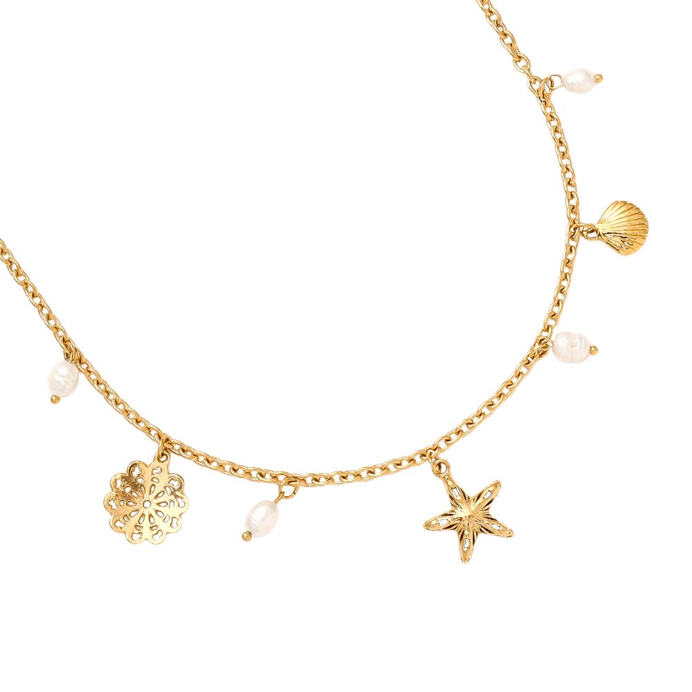 Set verižice in zapestnice Pretty Ocean And Pearl na modelu - morska zvezda školjka filigransko cvetje biseri - kirurško jeklo 316L zlata pozlata