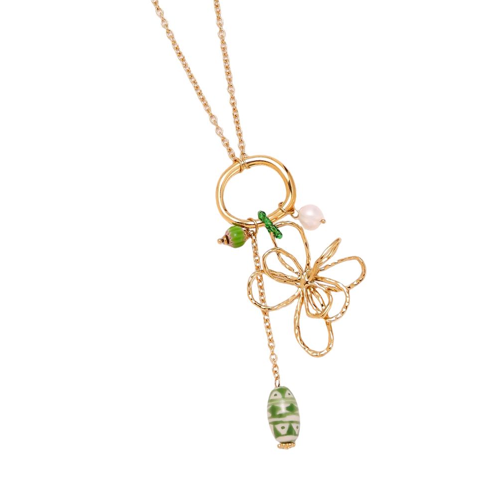 Verižica Doodle Flower Green 79 cm - zlati žičnati metulj zeleni kamen biser keramična jagoda - kirurško jeklo 316L zlata pozlata