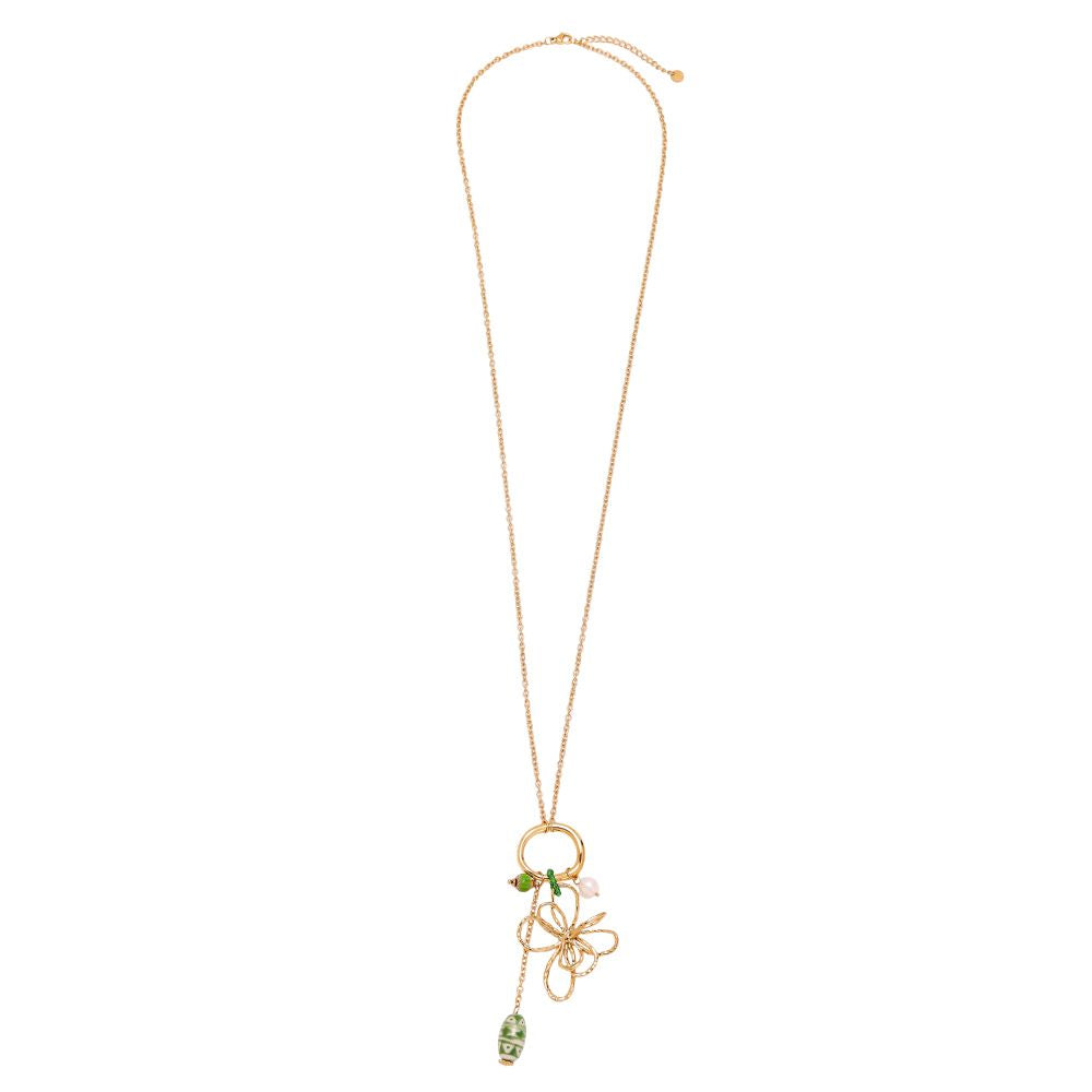Verižica Doodle Flower Green detajl - zlati metulj zeleni kamen biser zelena keramična jagoda z vzorcem - kirurško jeklo 316L zlata pozlata