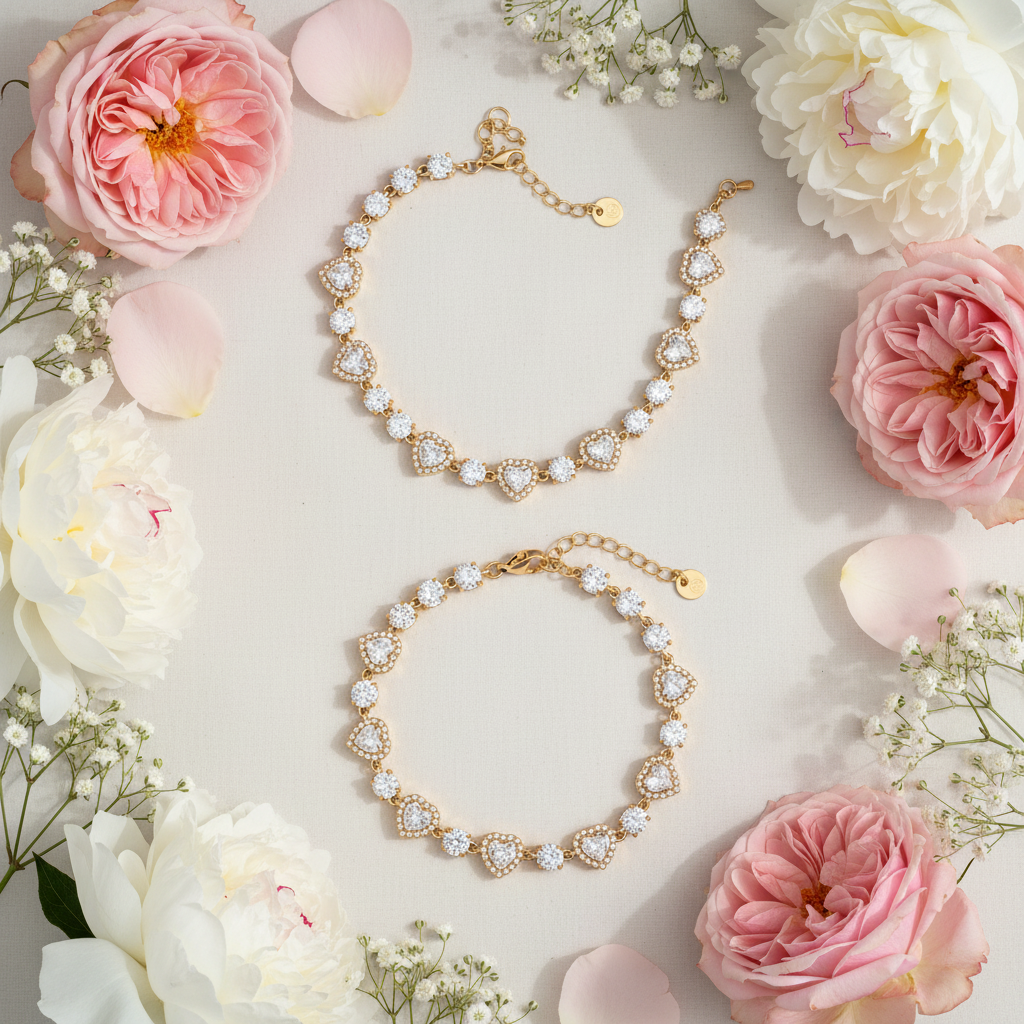 Na ženski roki je prikazana bleščeča zlata zapestnica s povezanimi členi v obliki srčkov, okrašenimi s cirkoni. Ta eleganten kos je del večjega seta nakita, ki vključuje tudi biserno ogrlico z obeskom zlate pentlje. Odlična ideja za romantično darilo.