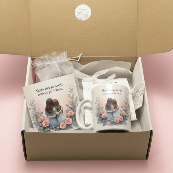 Dariln"Personalizirana skodelica Moja hči je moja največja sreča z rožami"
"Kompletni darilni set v kraft škatli - skodelica, posvetilo, knjižno kazalo"
"Posvetilo za hčerko na zlatem stojalcu s srčkom"
"Detajl personalizirane skodelice z ilustracijo dveh deklic"
"Knjižno kazalo z rožnatim cofkom in kartica s svinčnikom"
"Elegantna darilna embalaža s kompletnim setom za hčerko"
"Bela keramična skodelica z nežnim rožnatim potiskom"
"Celoten darila škatla z rožnatim ozadjem