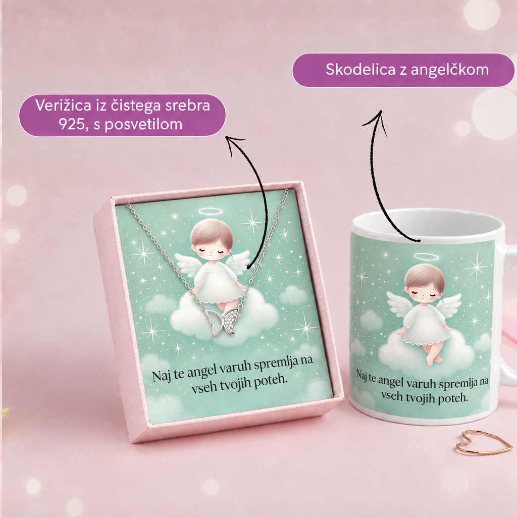 Darilo za krst z motivom angelčka in posvetilom spodaj na skodelici ter kartici
