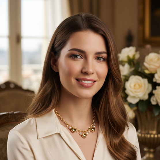 Ženska nosi ogrlico Amore Eterno v luksuznem okolju