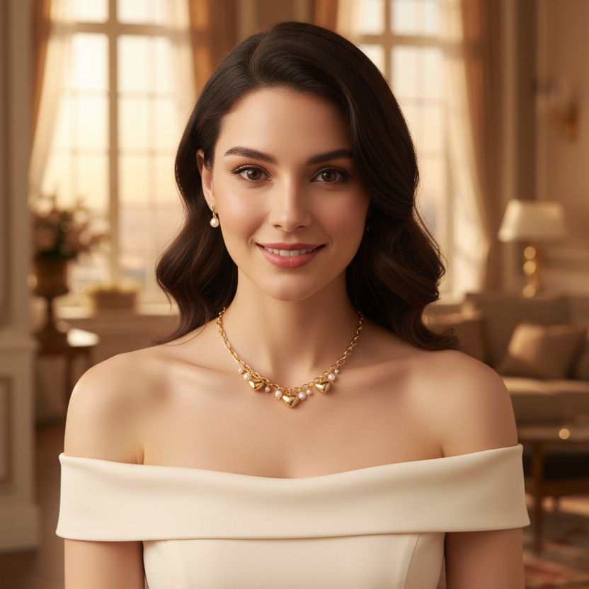 Ženska v elegantni obleki z ogrlico z biseri in srčki, trajna verižica nipoalergena brez niklja in svinca. 