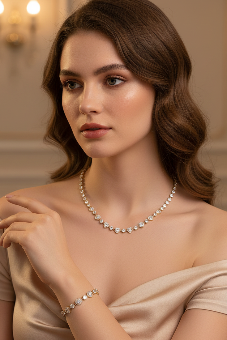 Na ženski roki je prikazana bleščeča zlata zapestnica s povezanimi členi v obliki srčkov, okrašenimi s cirkoni. Ta eleganten kos je del večjega seta nakita, ki vključuje tudi biserno ogrlico z obeskom zlate pentlje. Odlična ideja za romantično darilo.