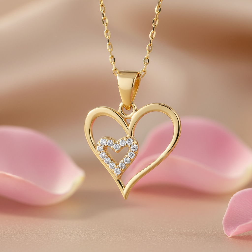 Close-up obesek srce z belimi cirkoni 925 čisto srebro pozlačena 14K