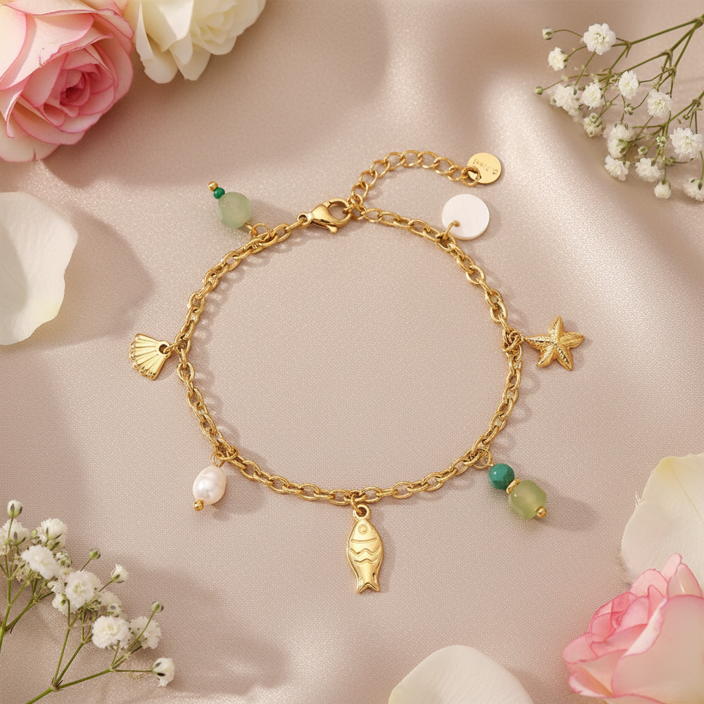 Zapestnica Sweet Sealife Charms - flat lay z rožami - ribica morska zvezda školjka biseri zelene jagode - kirurško jeklo 316L zlata pozlata