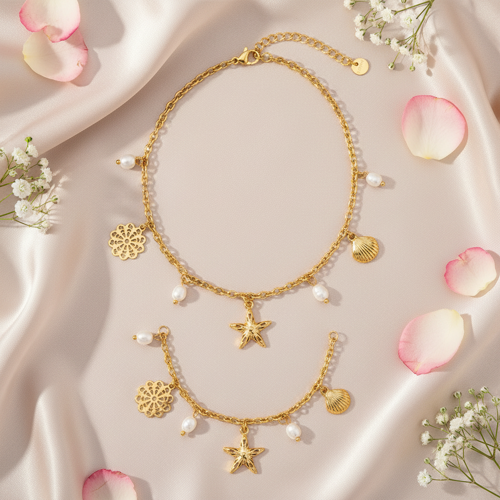 Set verižice in zapestnice Pretty Ocean And Pearl - flat lay z rožami - morska zvezda školjka filigransko cvetje biseri - kirurško jeklo 316L zlata pozlata