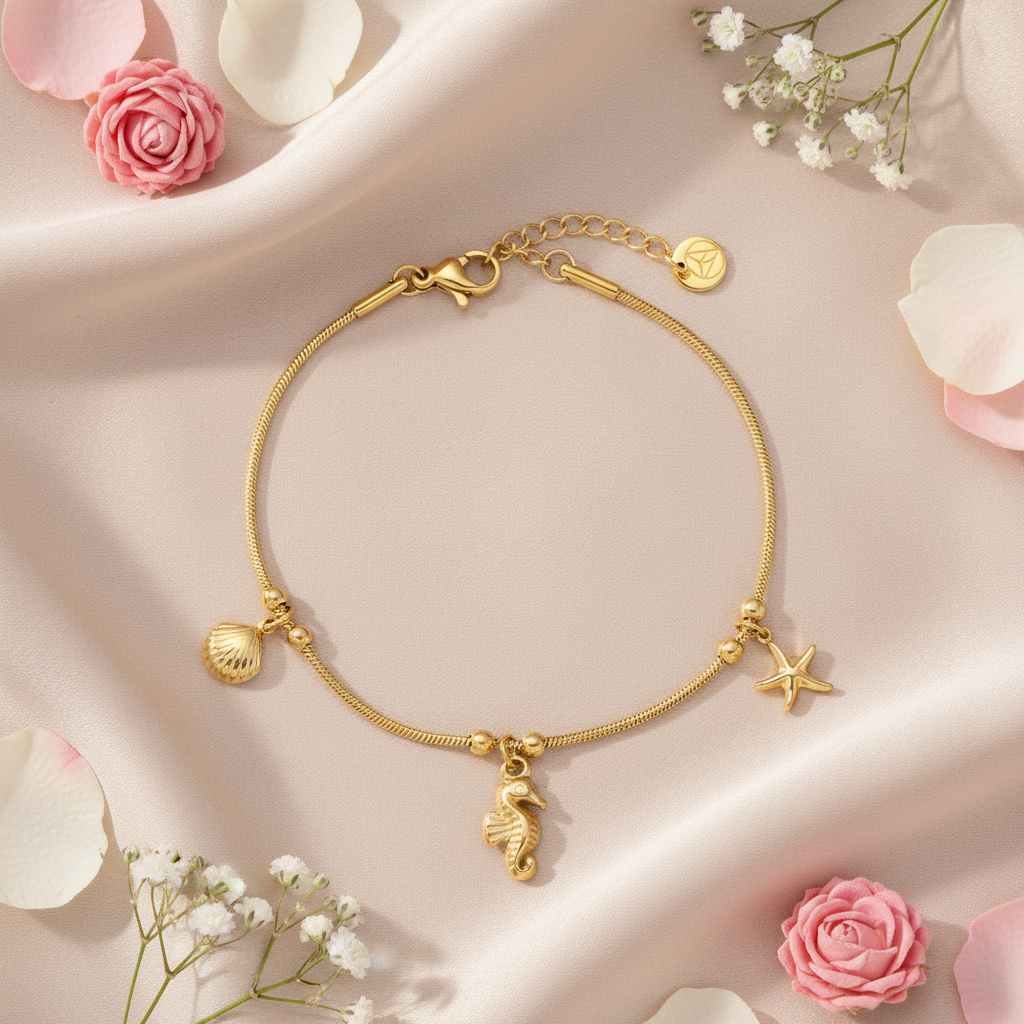 Zapestnica Seahorse Star - flat lay z rožami - zlata školjka morski konjiček morska zvezda - kirurško jeklo 316L zlata pozlata
