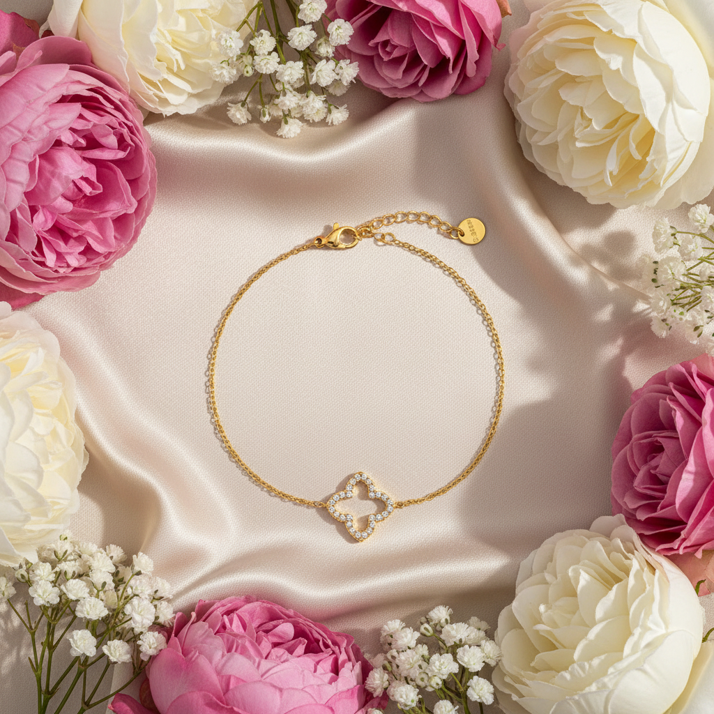 Zapestnica Classic Diamond Lucky Flower - flat lay z rožami - odprti štirilistični cvet iz belih cirkonov - kirurško jeklo 316L zlata pozlata