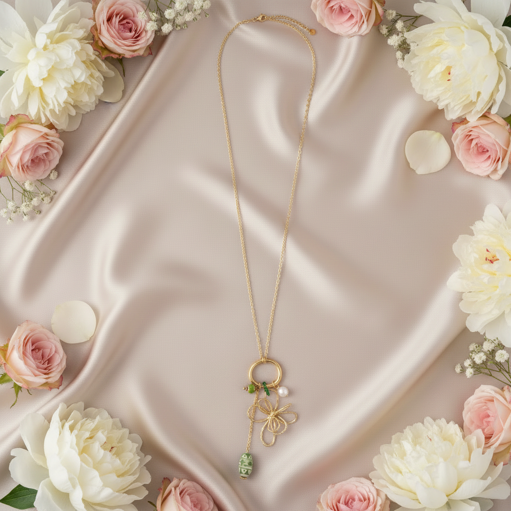 Verižica Doodle Flower Green - flat lay z rožami - zlati metulj zeleni kamen biser zelena keramična jagoda - kirurško jeklo 316L zlata pozlata