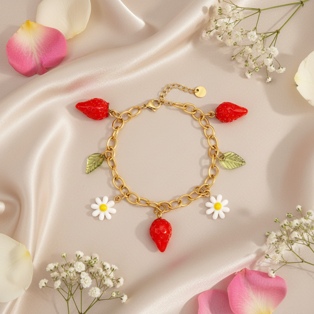 Zapestnica Strawberry Fun - flat lay z rožami - rdeče jagode marjetice zeleni listki - kirurško jeklo 316L zlata pozlata