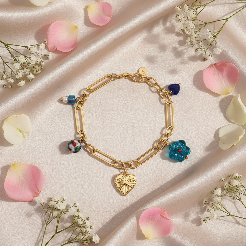 Zapestnica Blue Trend Charms - flat lay z rožami - kirurško jeklo 316L zlata pozlata