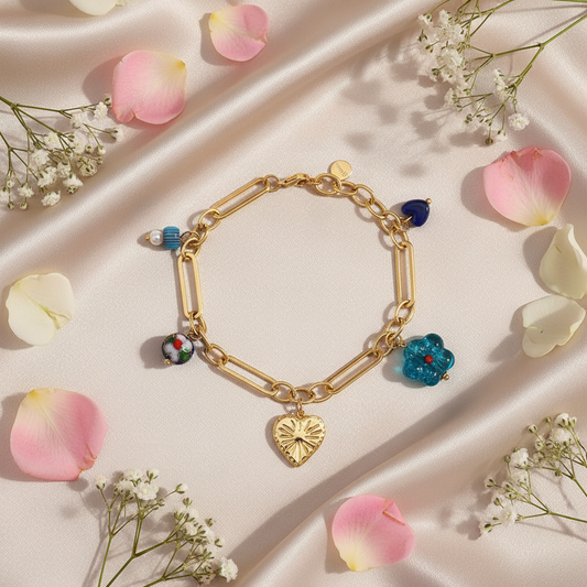 Zapestnica Blue Trend Charms - flat lay z rožami - kirurško jeklo 316L zlata pozlata
