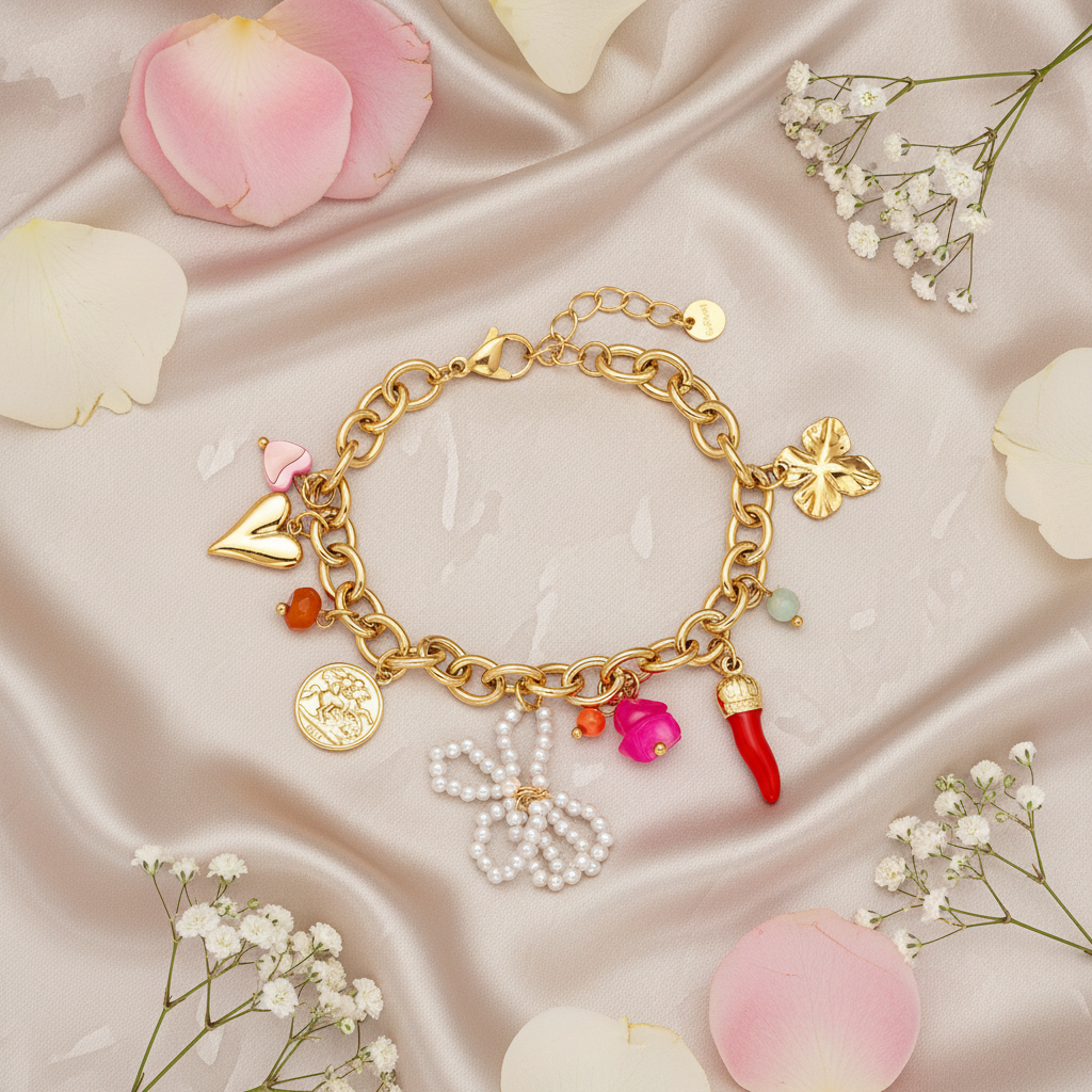 Zapestnica Many Nice Charms - flat lay z rožami - kirurško jeklo 316L zlata pozlata