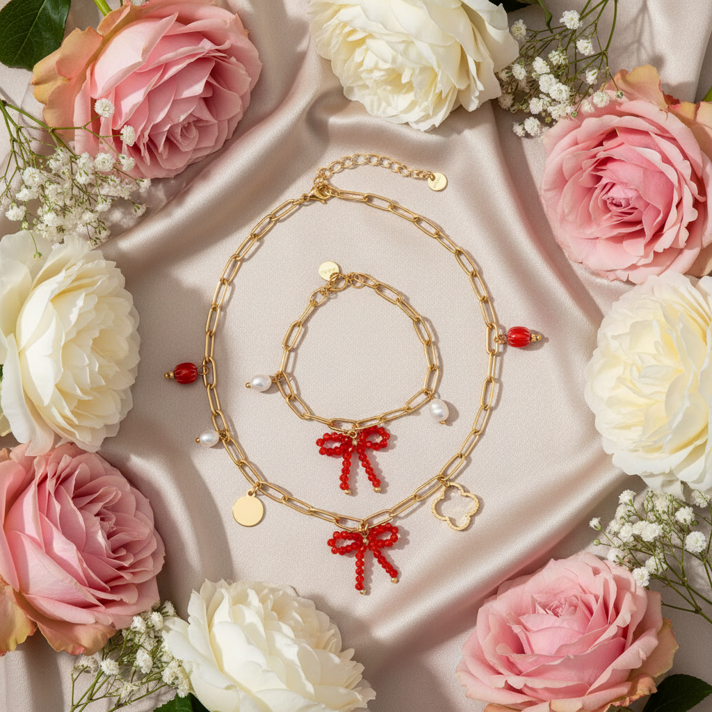 Set verižice in zapestnice Sweet Various Charms - flat lay z rožami - kirurško jeklo zlata pozlata