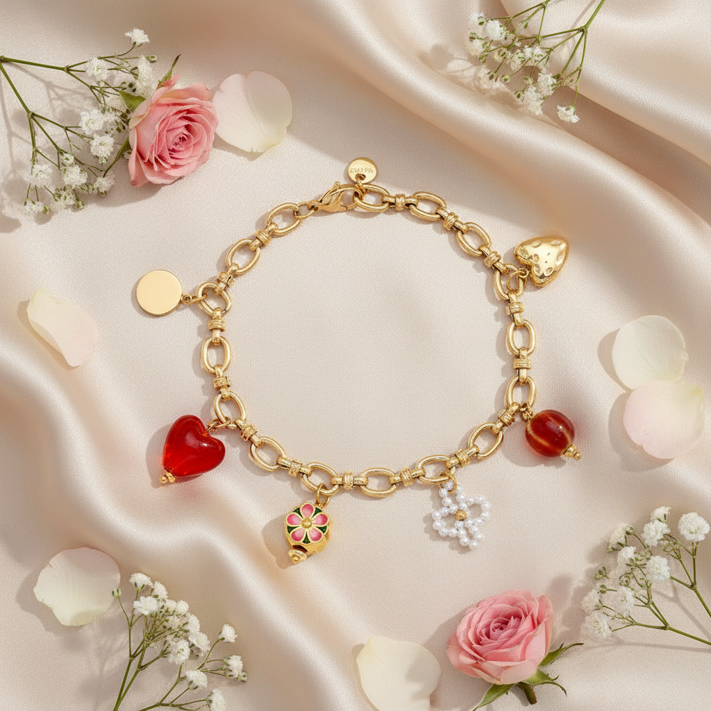 Zapestnica Red Trend Charms - flat lay z rožami - kirurško jeklo 316L zlata pozlata