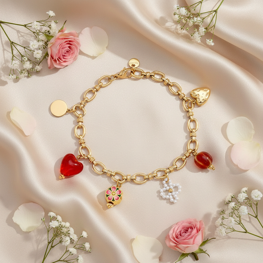 Zapestnica Red Trend Charms - flat lay z rožami - kirurško jeklo 316L zlata pozlata