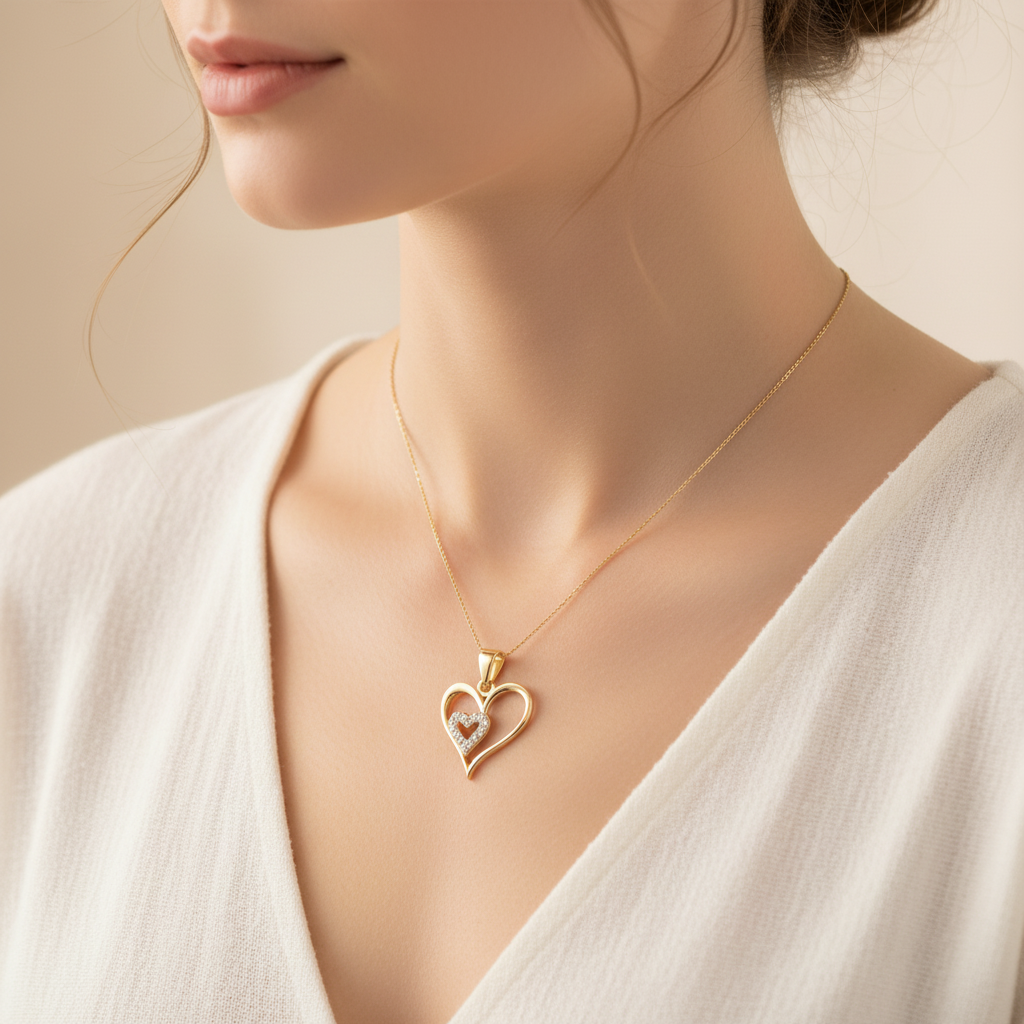 Verižica srce z belimi cirkoni 925 čisto srebro pozlačena 14K na ženski