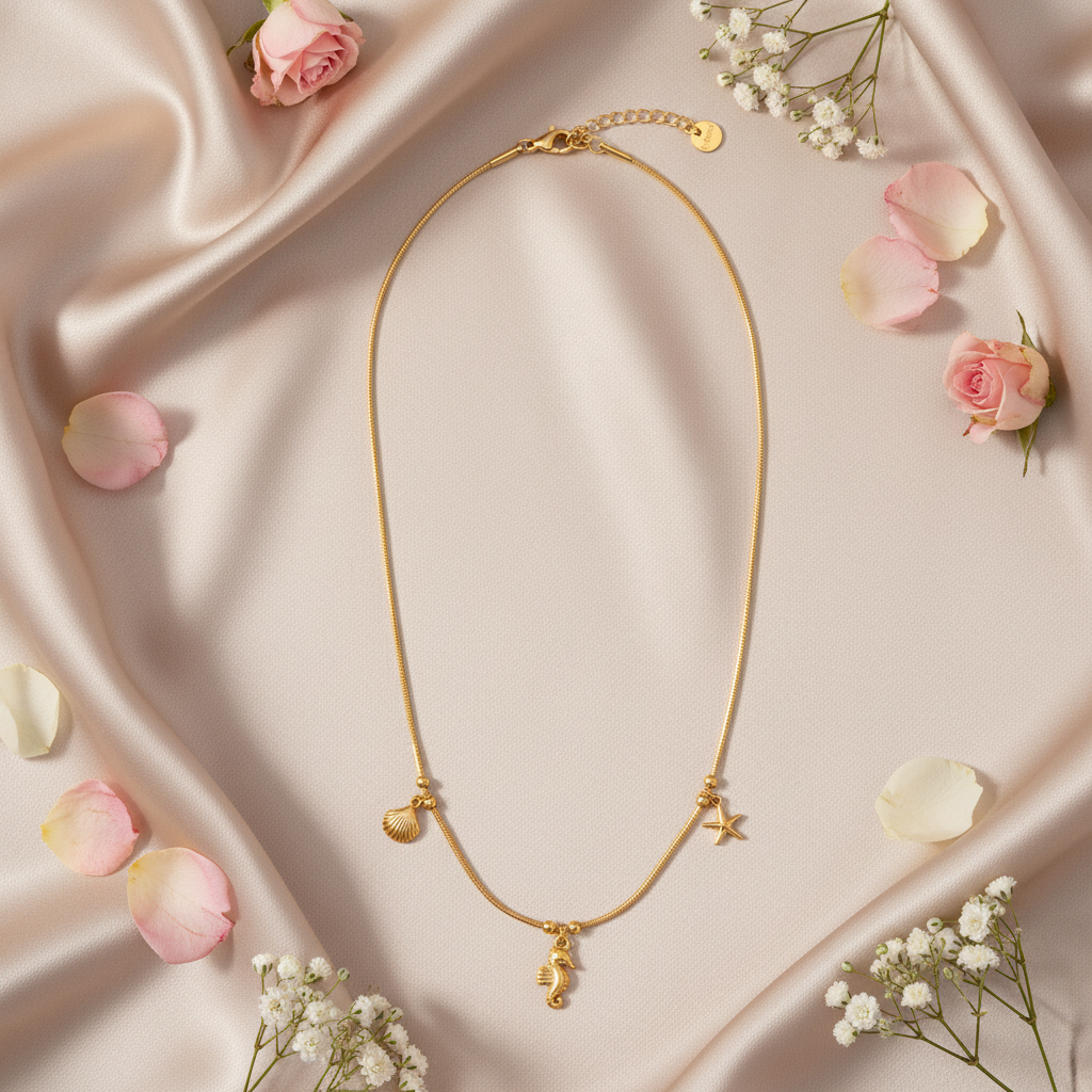 Verižica Seahorse Star - flat lay z rožami - zlata školjka morski konjiček morska zvezda - kirurško jeklo 316L zlata pozlata