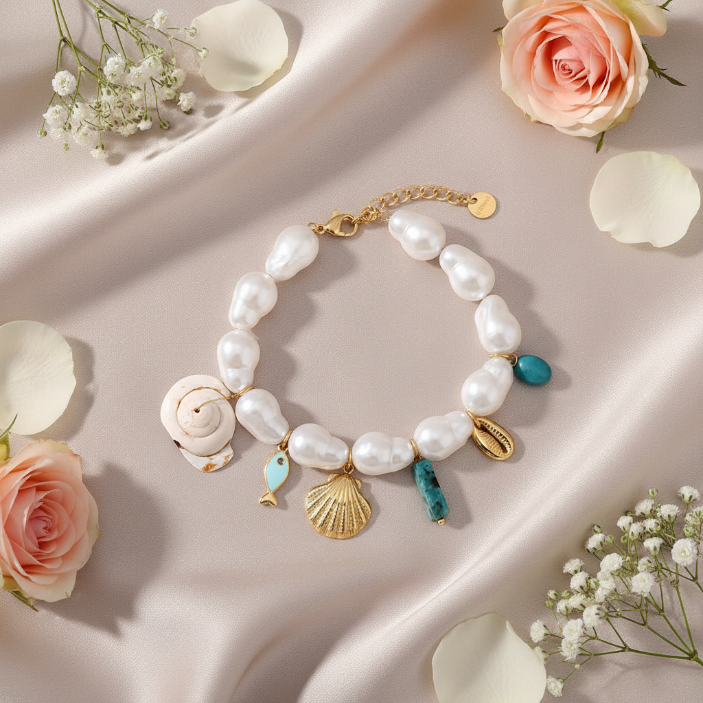 Zapestnica Fish Agate Pearl - flat lay z rožami - biseri polžja hišica ribica zlata školjka turkizni agat - kirurško jeklo 316L zlata pozlata