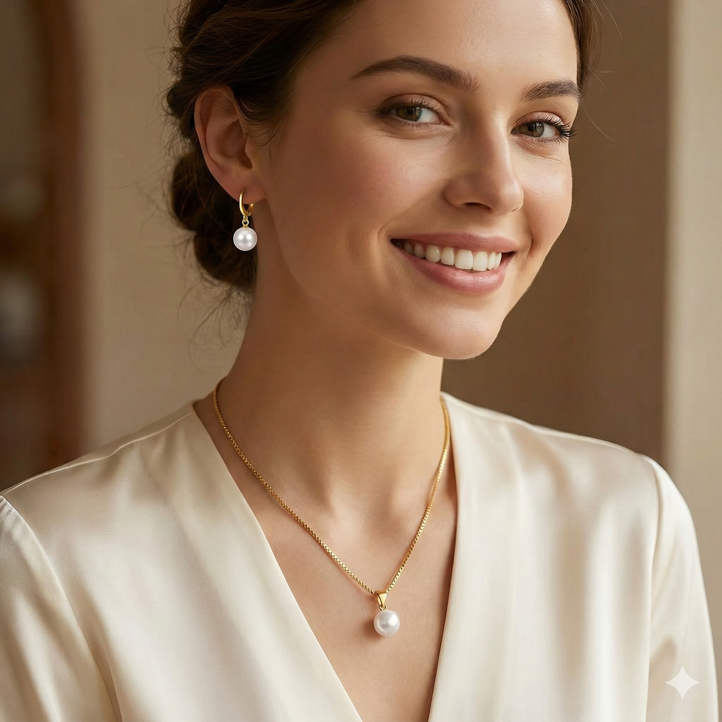 Luksuzna predstavitev darilnega seta nakita, primernega za valentinovo ali dan žena. Zlata verižica in uhani z belimi biseri počivajo na mehki nude svili."
Najlepše darilo zanjo za Valentinovo ali Dan žena. Podarite ta prefinjen set zlate verižice in bisernih uhanov, ki izžareva ljubezen in eleganco. Naročite danes!" 