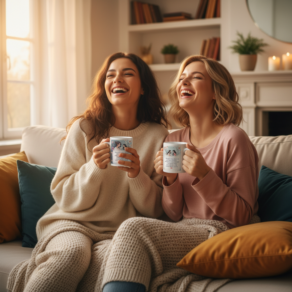 Prijateljici se smejita na kavču s skodelicami