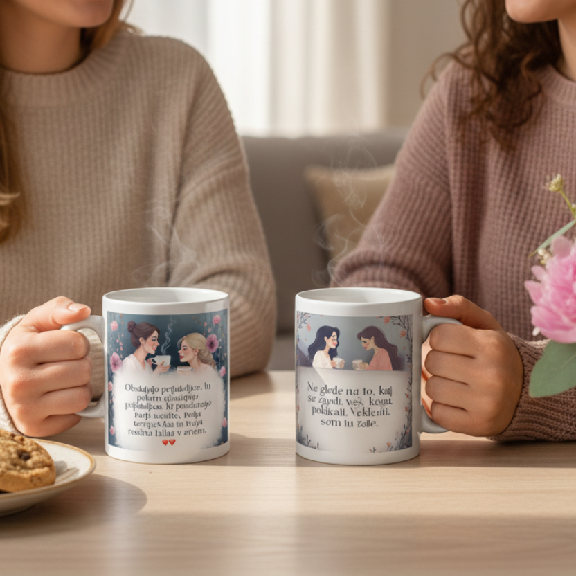 Prijateljici uživata kavo s skodelicami