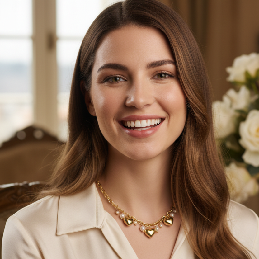 Razigrana temnolasa ženska z ogrlico Amore Eterno, darilo za njo z udovito ogrlico