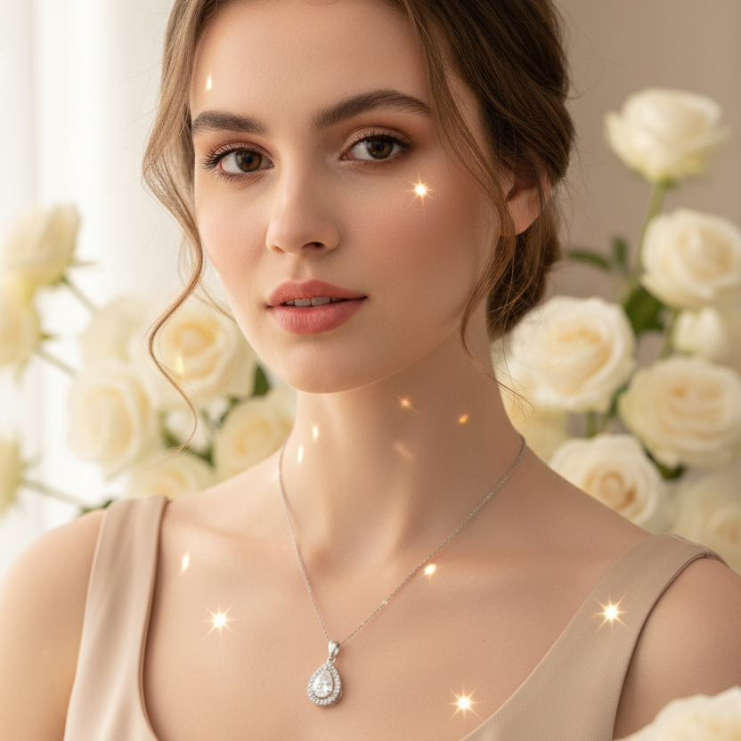 Silver Droplet Elegance - Mlada ženska z rožami