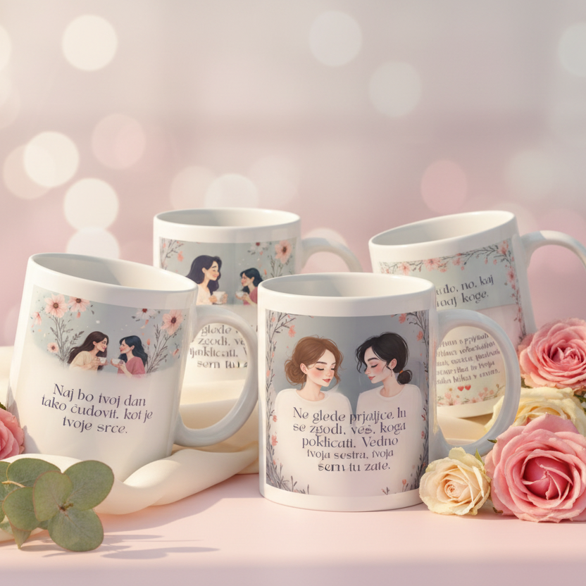 Kreativna predstavitev skodelice za prijateljice s potiskom 