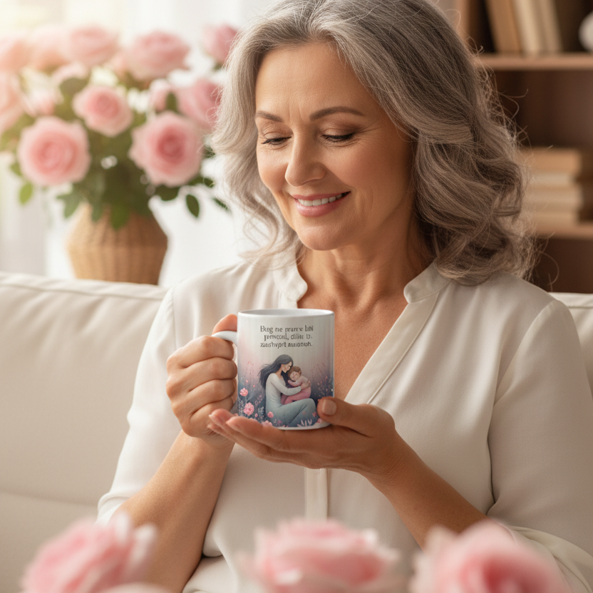 Starejša mama s personalizirano skodelico